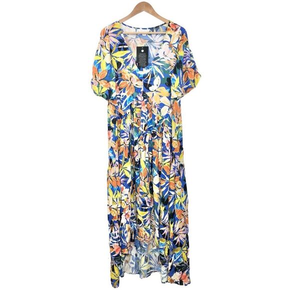 Loralette NWT Blue Pretty Val Print Flutter Sleeves Hi-Lo Maxi Dress Size 14 - Picture 3 of 13